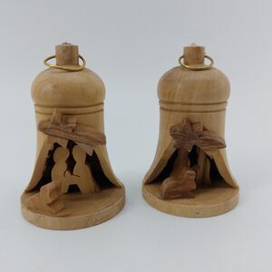 Olive wood Holy Land Carved Bell Nativity Bethlehem Israel Christmas Set of 2